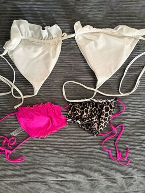 White Ruffled Triangle Bikini Top with Hot Pink & Leopard Mini Bottoms